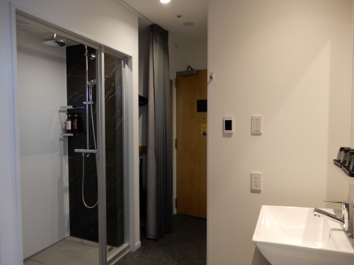 2階のベッドクイーンのシャワールーム。壁際にカーテン仕切りのクローゼットスペースや洗面台を持ってきて、トイレは独立